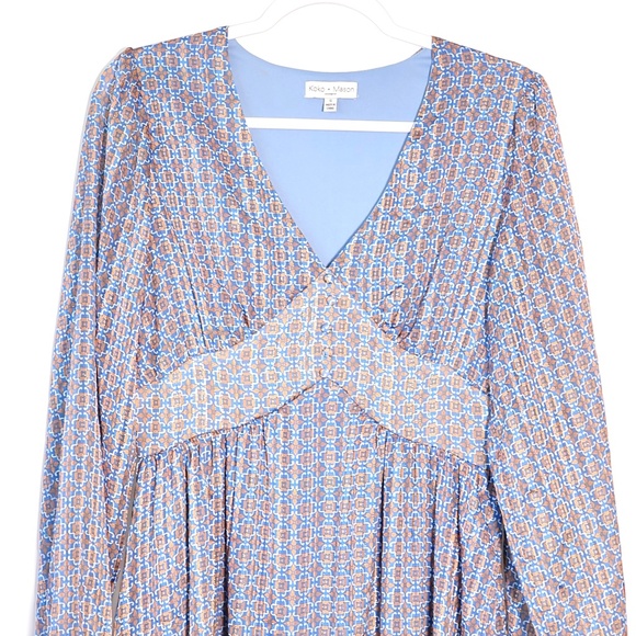 Koko Mason Geometric V-Neck Long Sleeve Midi Blue Dress SIZE S - Picture 5 of 16